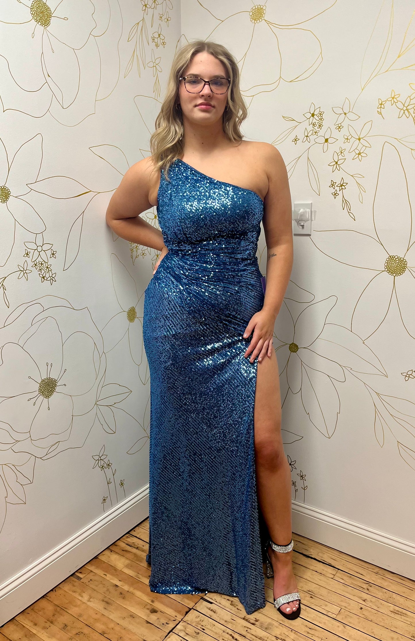ONE SHOULDER SEQUIN EVENING GOWN