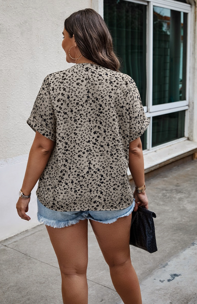 Plus Size Floral Print Loose Fit V Neck Blouse