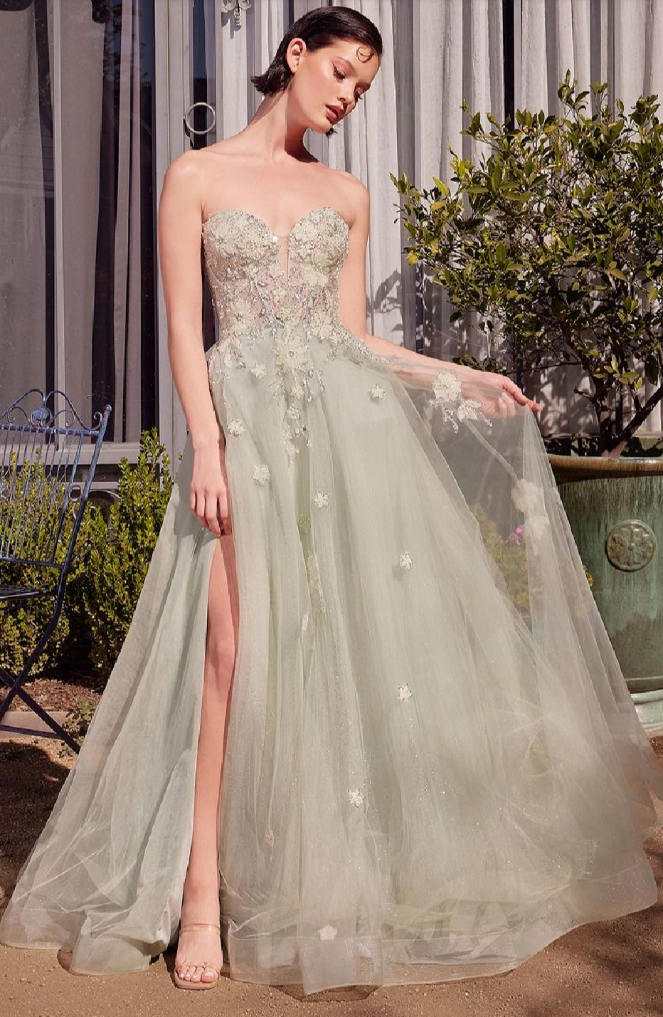 SAGE GREEN STRAPLESS BALL GOWN