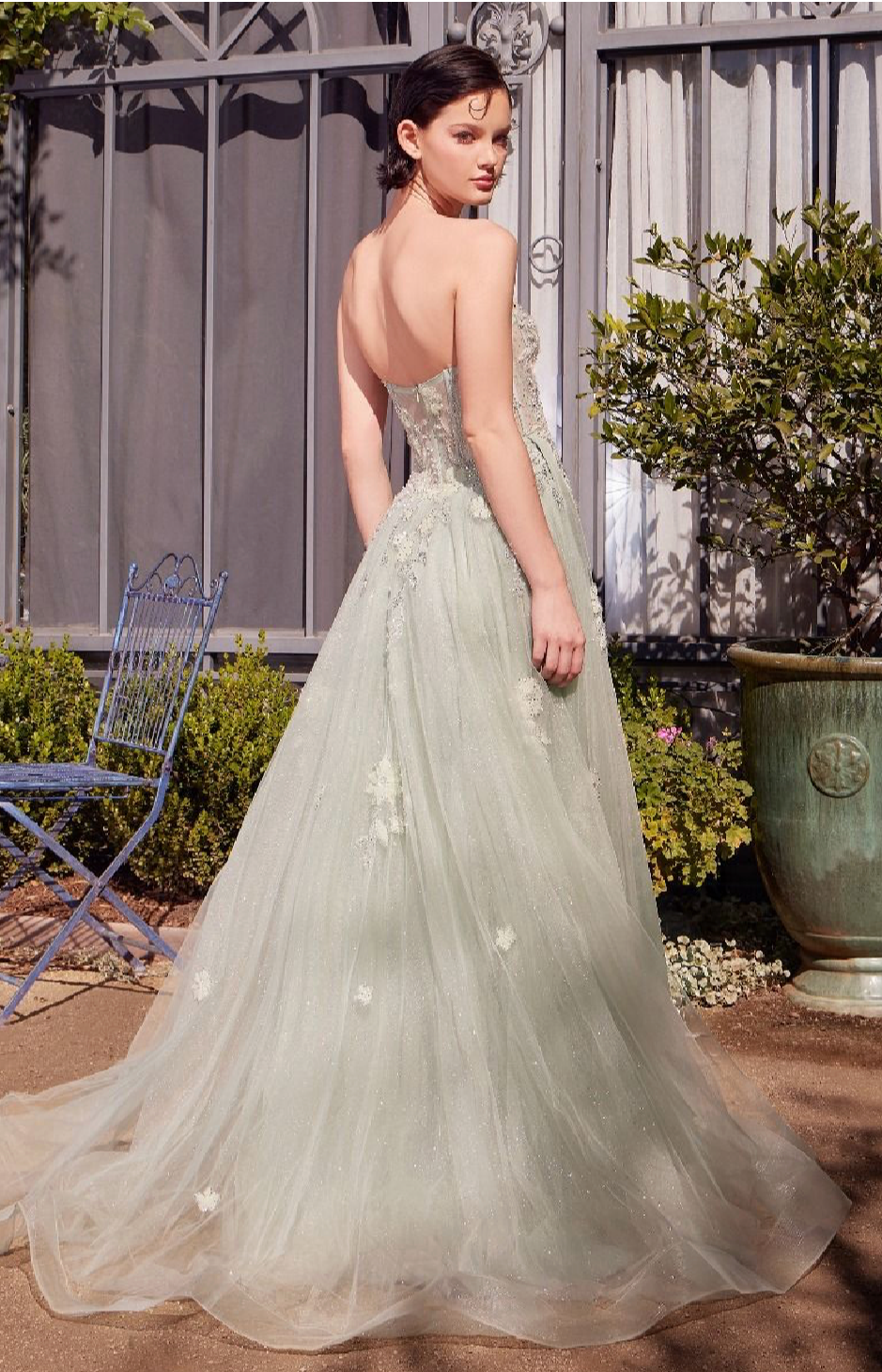 SAGE GREEN STRAPLESS BALL GOWN