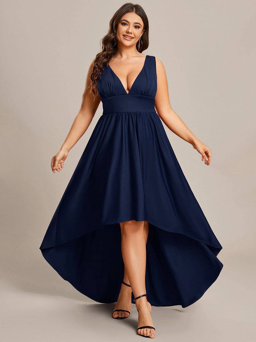 Plus High Low Deep V Neck Sleeveless Bridesmaid Dress