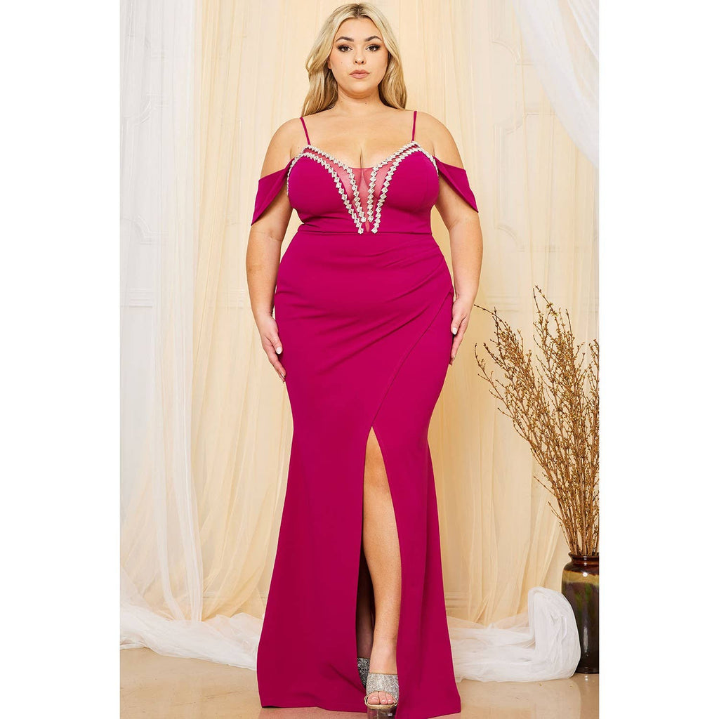 PLUS SIZE RHINESTONE NECKLINE COLD SHOULDER FRONT SLIT MAXI