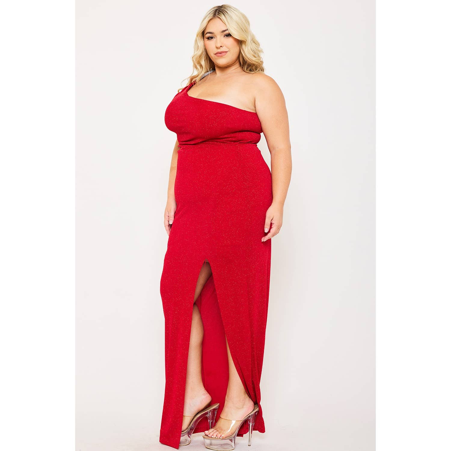 PLUS SIZE GLITTER ONE SHOULDER RHINESTONE STRAP FRONT SLIT