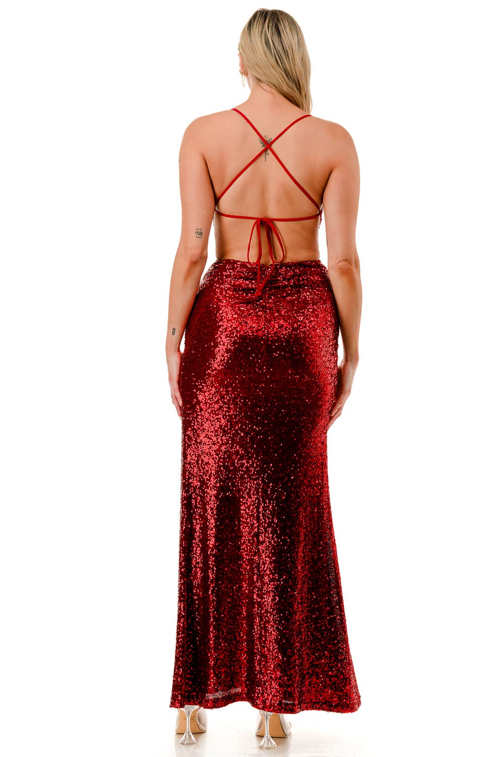 SEQUIN V-NECK OPEN BACK MAXI DRESS