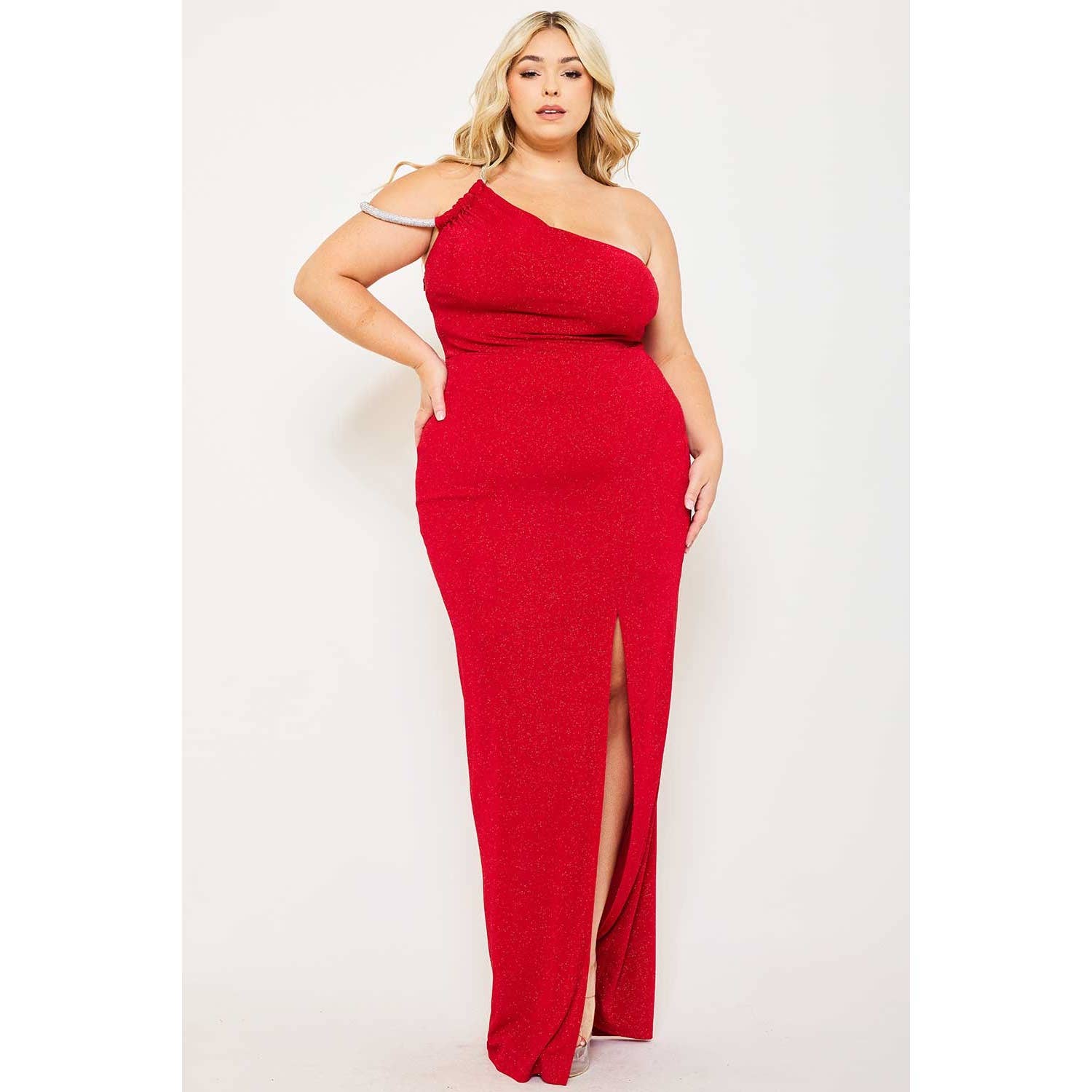 PLUS SIZE GLITTER ONE SHOULDER RHINESTONE STRAP FRONT SLIT