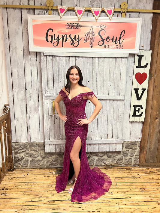 OFF THE SHOULDER SEQUIN GOWN