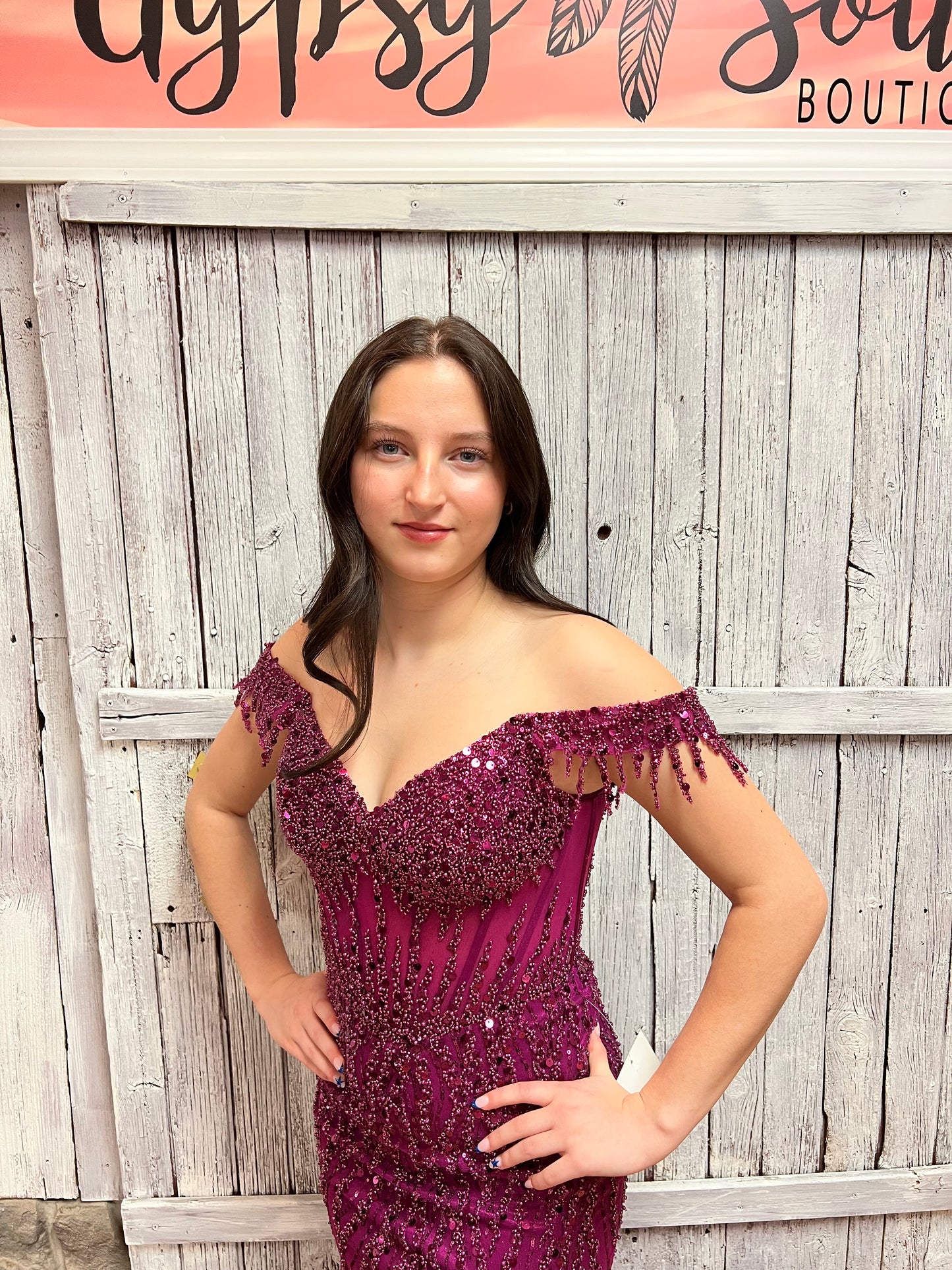 OFF THE SHOULDER SEQUIN GOWN