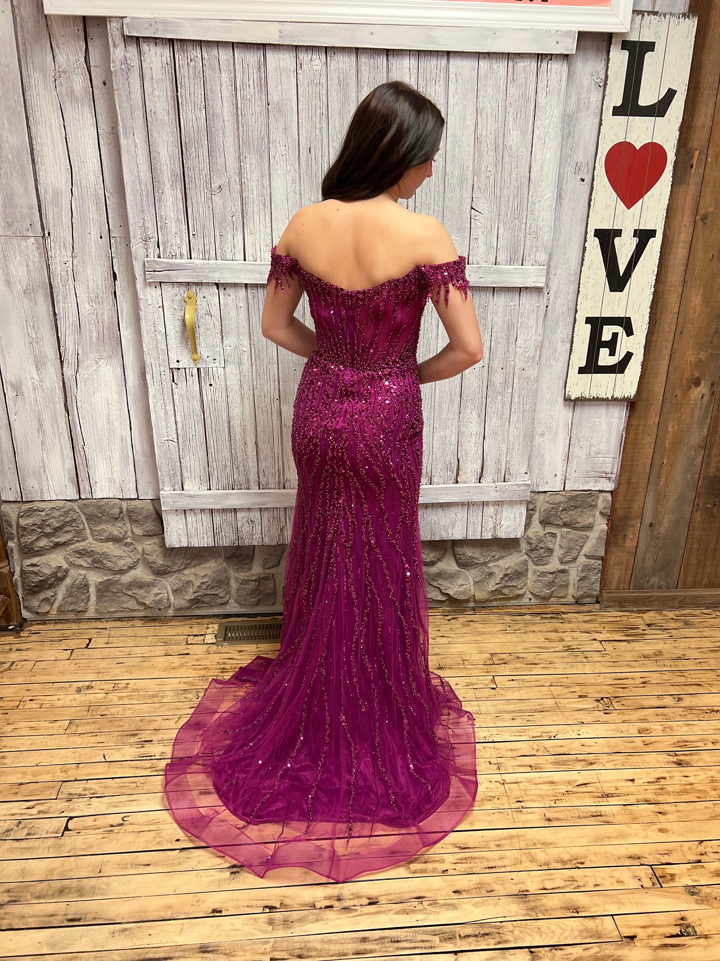 OFF THE SHOULDER SEQUIN GOWN