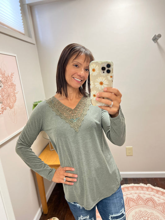 Lace Patch Neckline Long Sleeve Top