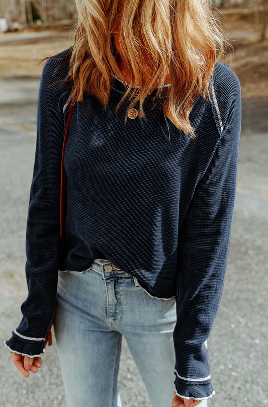 Textured Round Neck Long Sleeve Top - Navy Blue