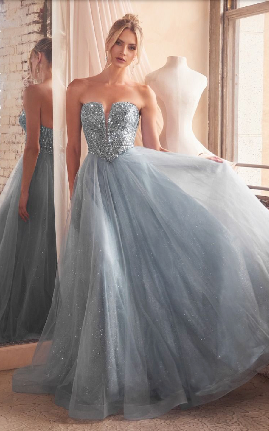 STRAPLESS SEQUIN & TULLE A-LINE DRESS