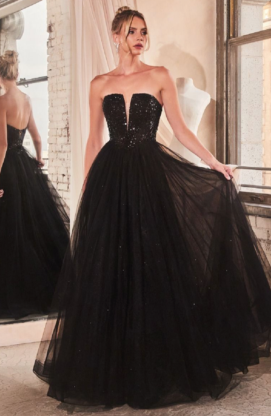STRAPLESS SEQUIN & TULLE A-LINE DRESS