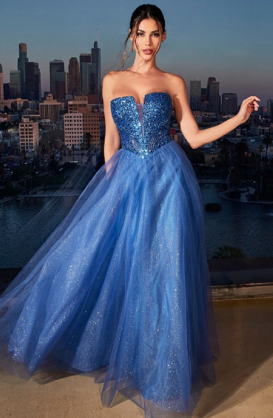 STRAPLESS SEQUIN & TULLE A-LINE DRESS