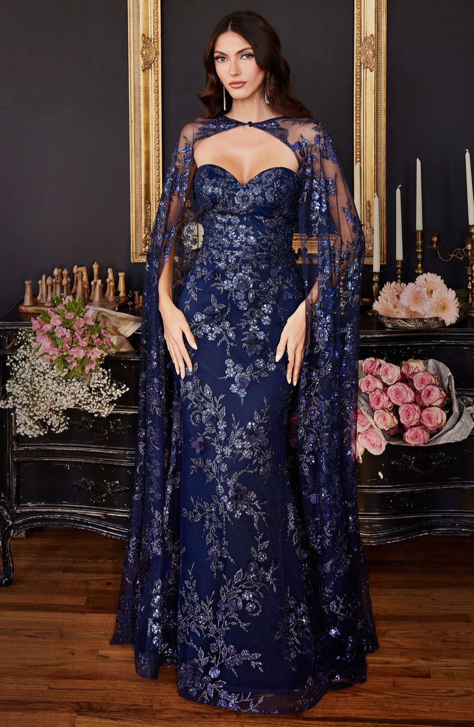 STRAPLESS FITTED GOWN WITH LACE CAPE