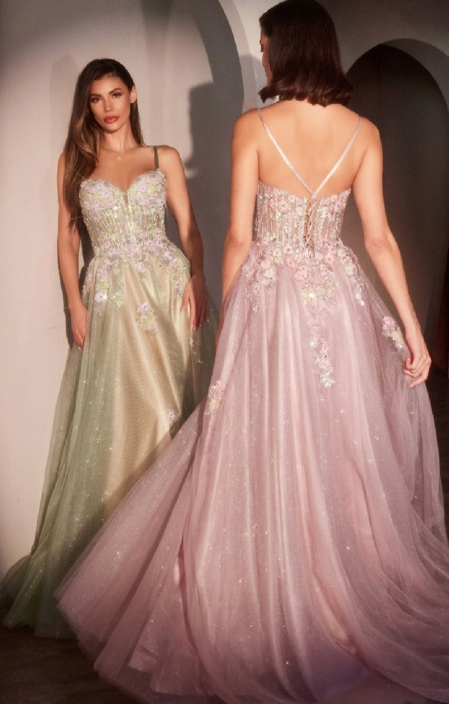 FLORAL A-LINE LAYERED GLITTER TULLE DRESS