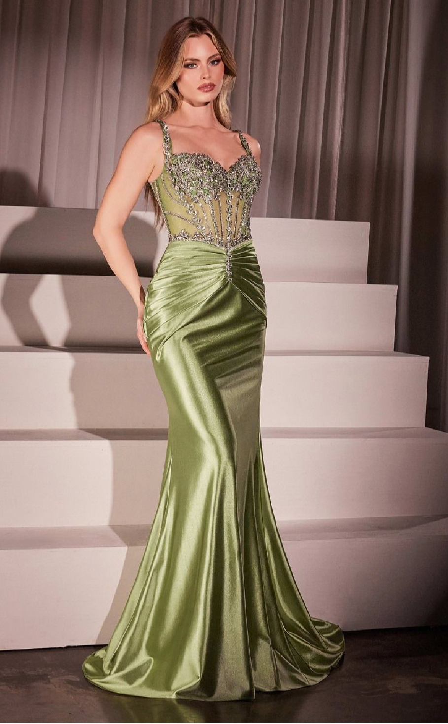 CRYSTAL EMBELLISHED FITTED SATIN DRESS