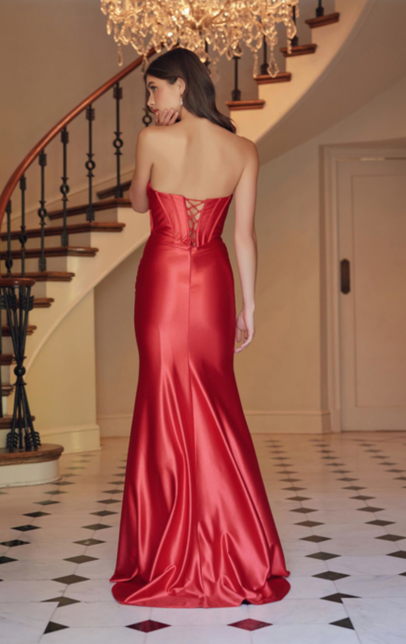 Satin Fitted Strapless Dress with Sweeping Train