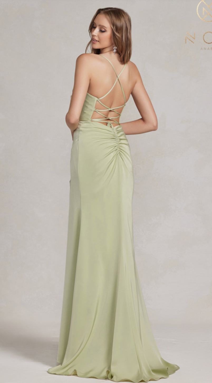 Fitted Satin Gown with Chic Cowl Neckline and Lace-Up Back