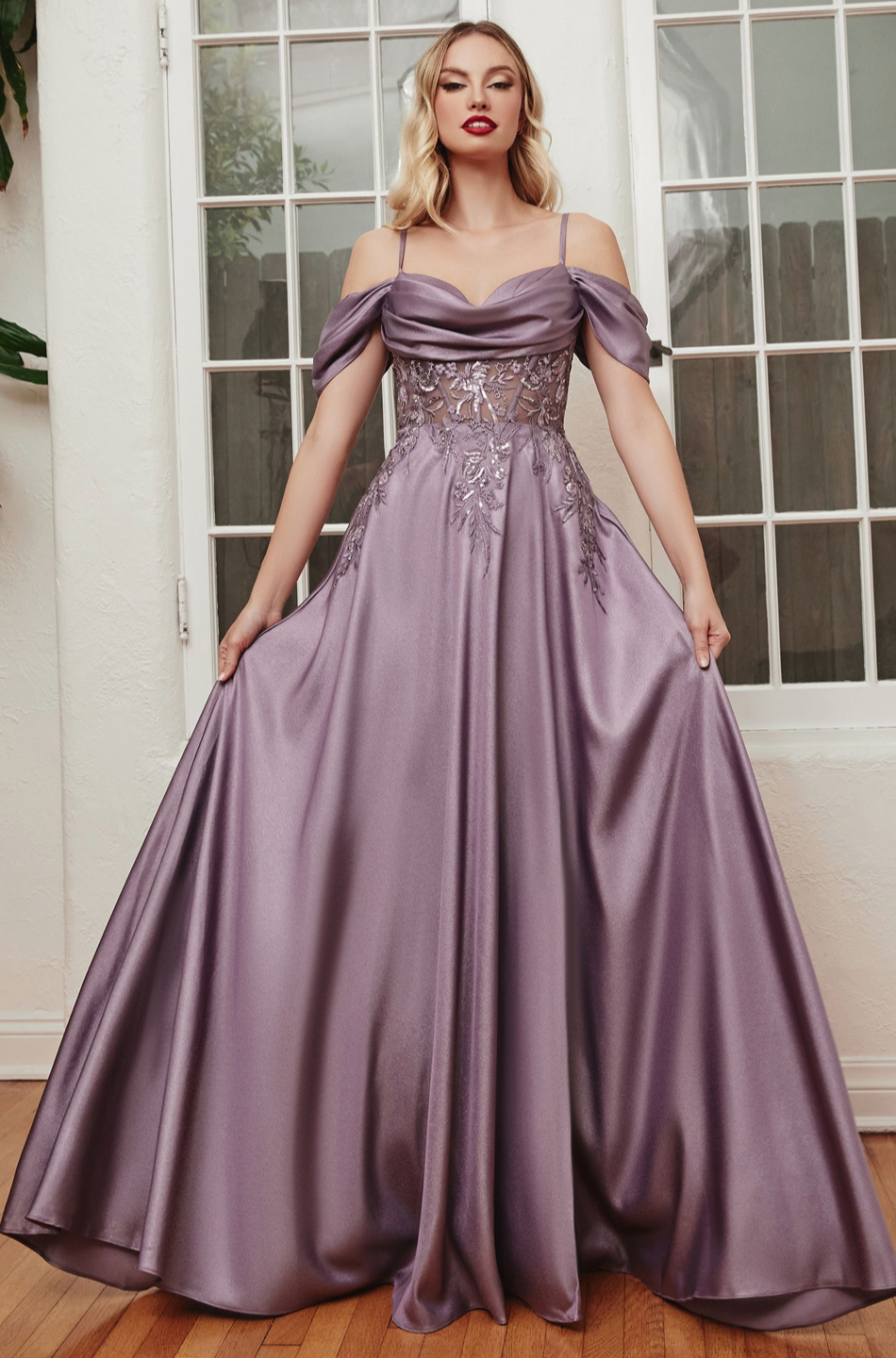 SATIN OFF THE SHOULDER A-LINE GOWN