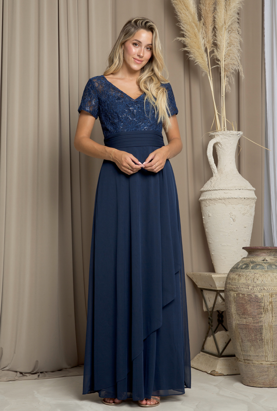 Short Sleeve Mama Lace and Stretch Chiffon Dress