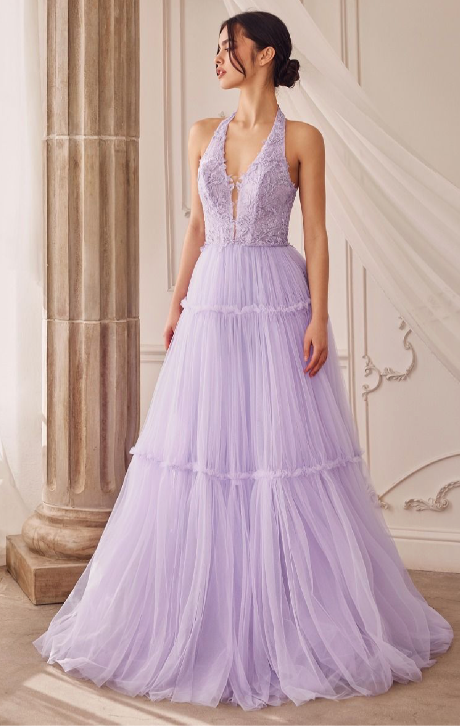 GARDEN LACE HALTER GOWN WITH TIER SKIRT