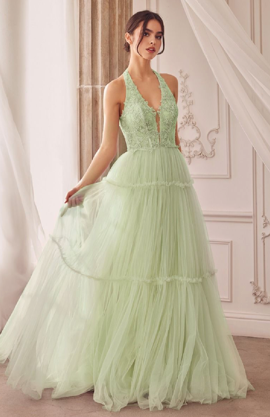 GARDEN LACE HALTER GOWN WITH TIER SKIRT