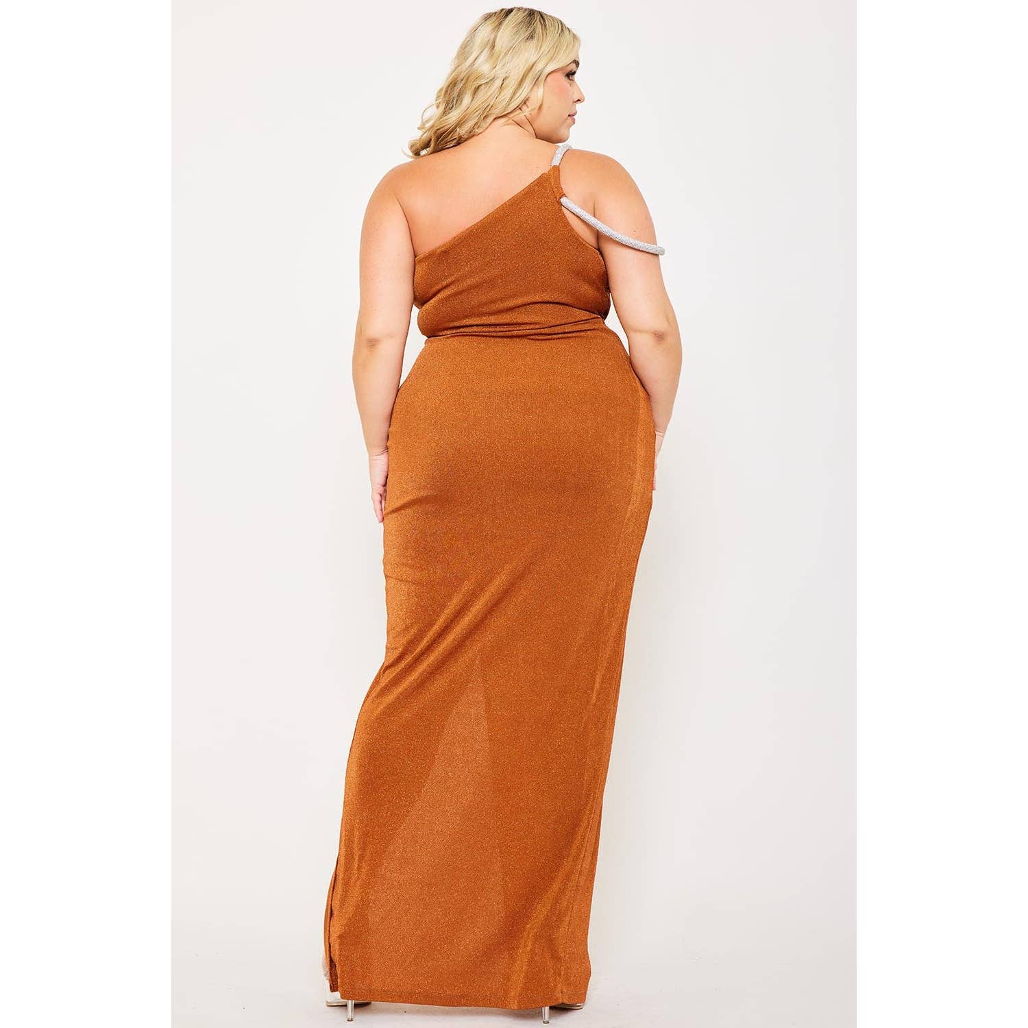 PLUS SIZE GLITTER ONE SHOULDER RHINESTONE STRAP FRONT SLIT