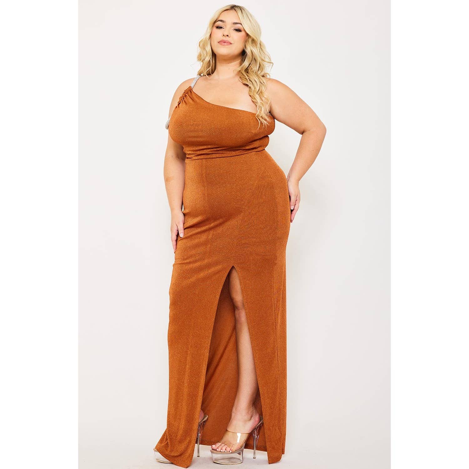 PLUS SIZE GLITTER ONE SHOULDER RHINESTONE STRAP FRONT SLIT