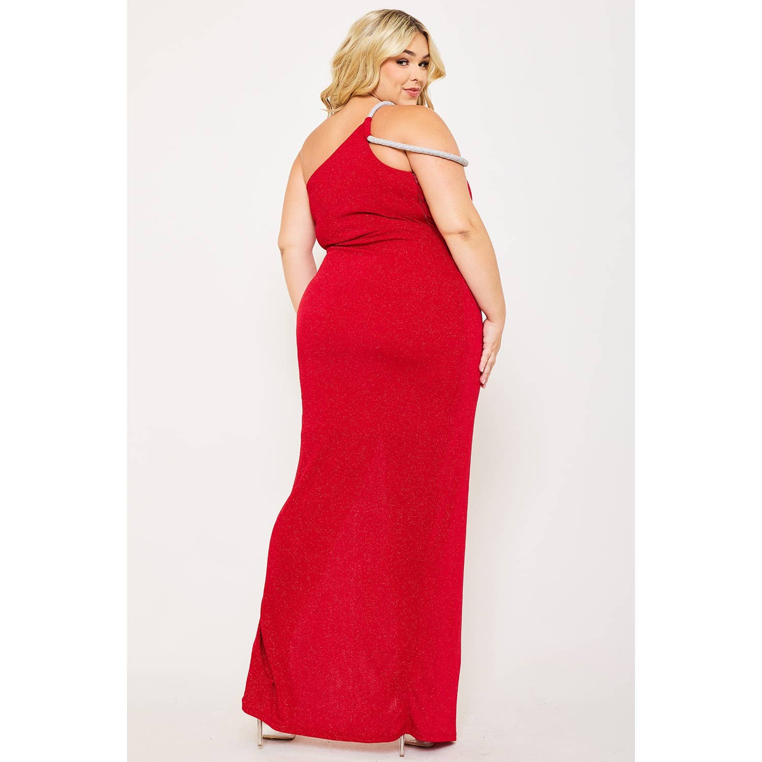 PLUS SIZE GLITTER ONE SHOULDER RHINESTONE STRAP FRONT SLIT