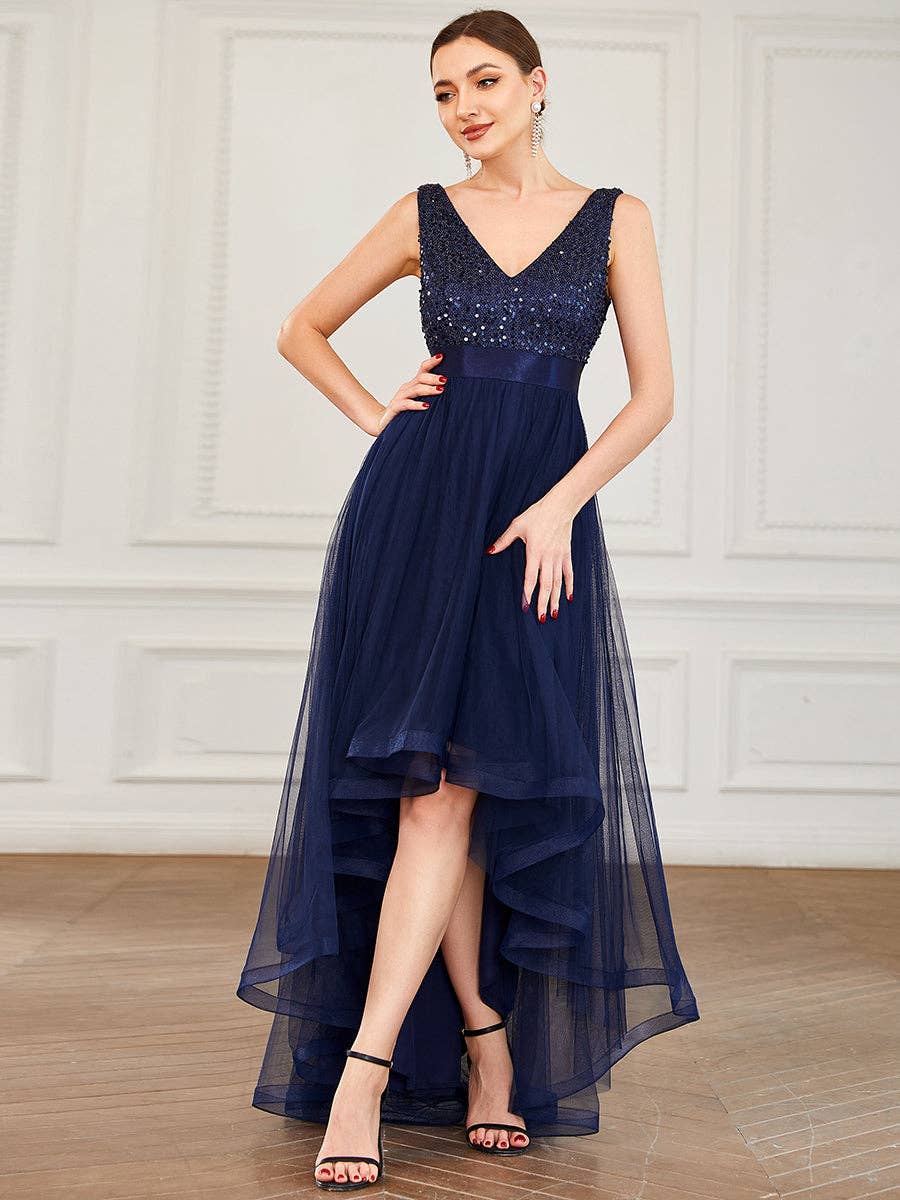 Sparkling Evening Dresses with Asymmetrical Hem Deep V Neck